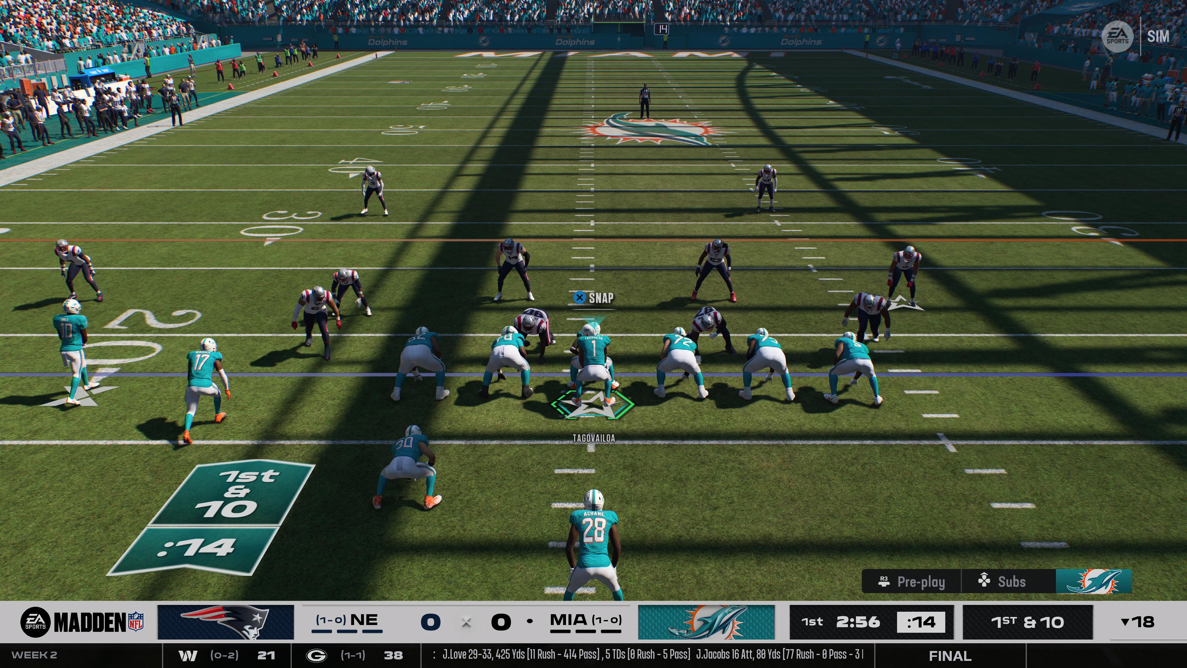 Captura de pantalla del simulador oficial de la NFL, Madden 26